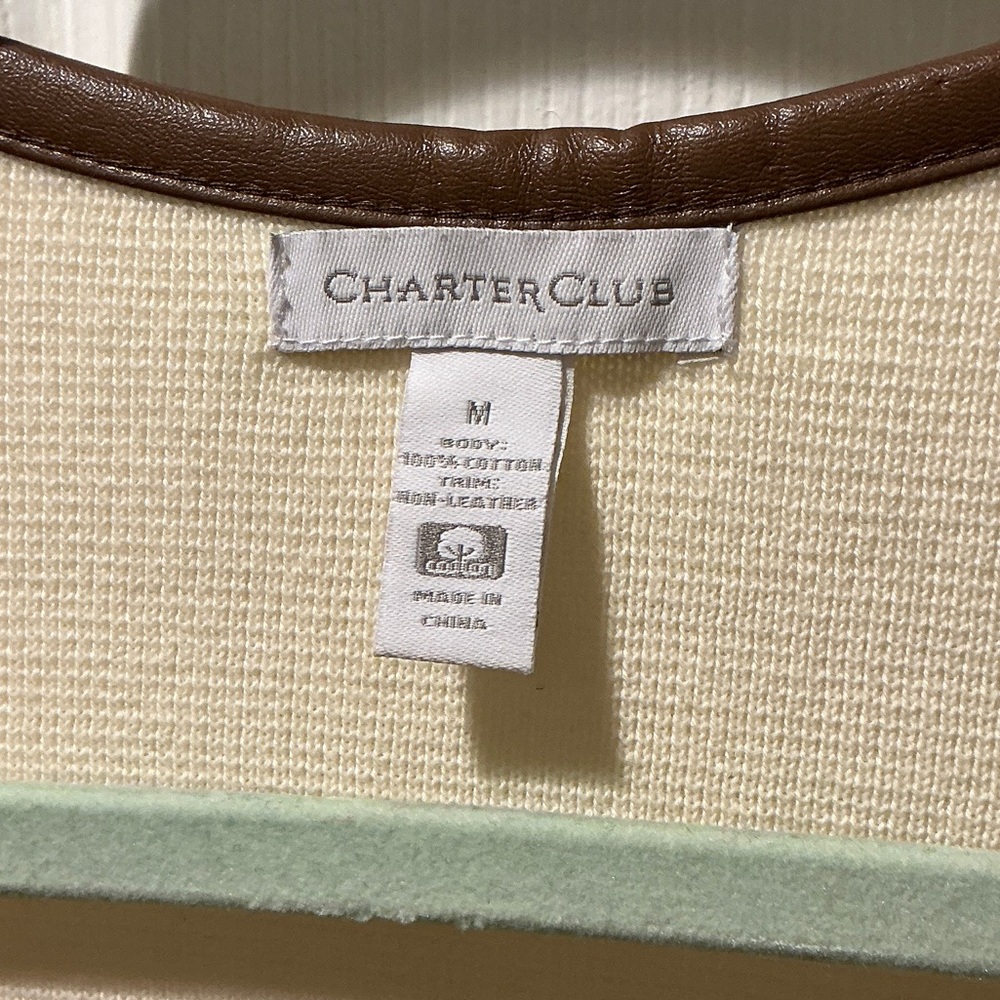 Charter Club Cream and Black Cardigan, w Pockets with Brown Trim Size Medium - Picture 2 of 10